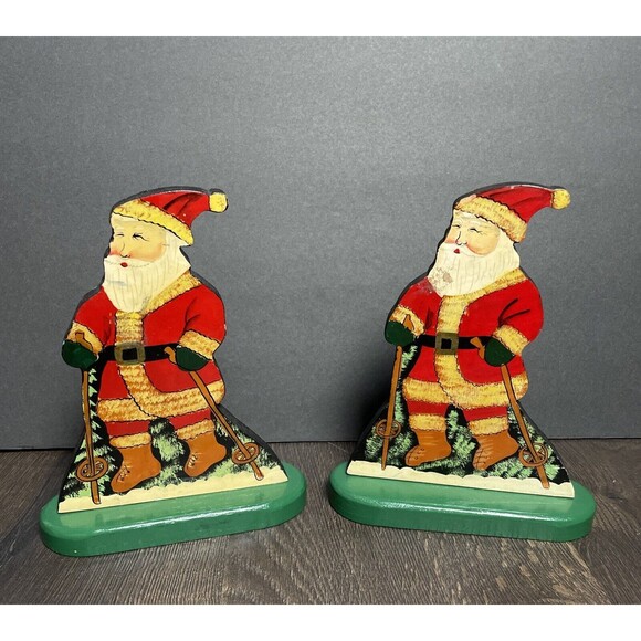 VTG Hand Made Folk Art Textured Santa Claus Skiing Christmas Dummy Board Set/2 - Picture 1 of 7
